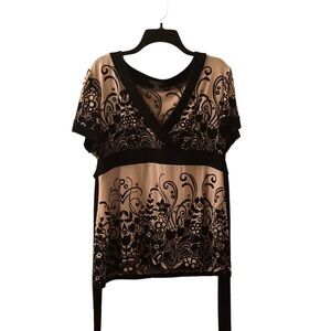 Apt. 9 Stretch Black and White Floral V-Neck Tie Blouse L